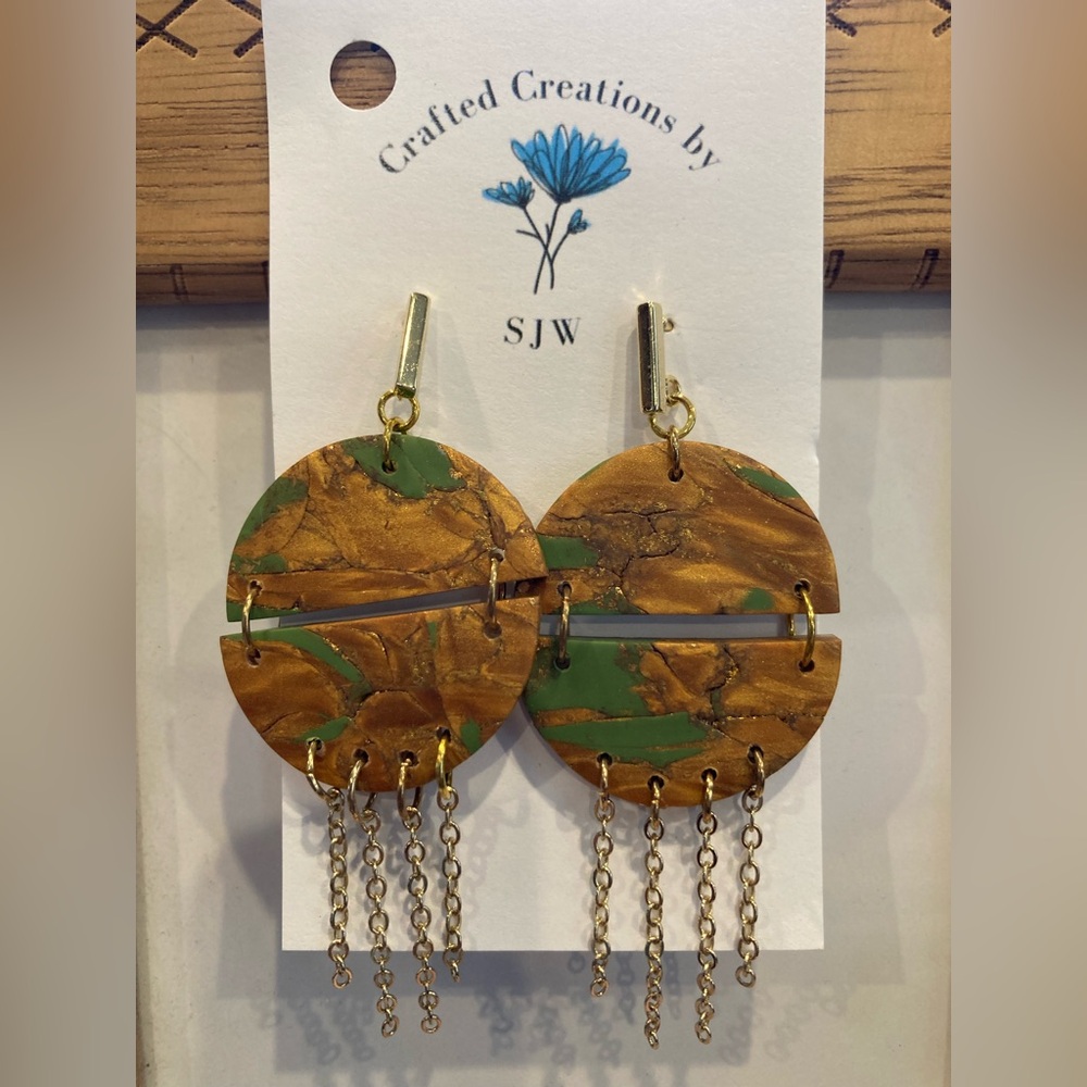 Gold and Green Artisan Dangle Earrings